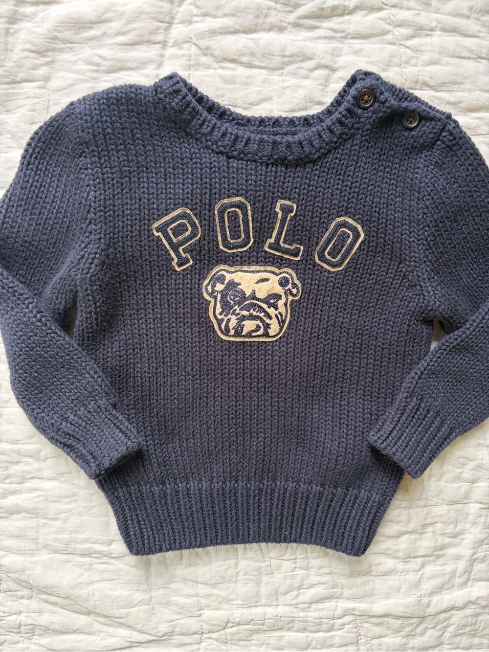 Polo by Ralph Lauren Navy Crewneck Sweater with Embroidered Bulldog, 18 months